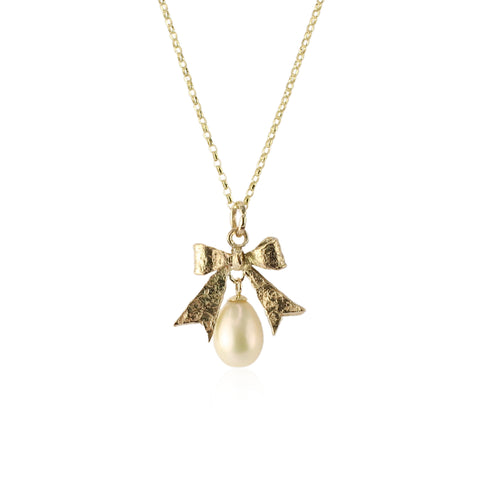 Drop pearl & Bow necklace - 9ct gold