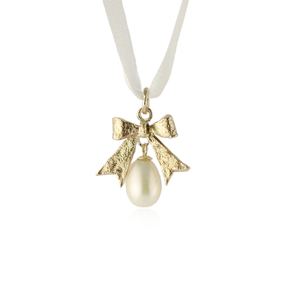 Drop pearl & Bow necklace - 9ct gold