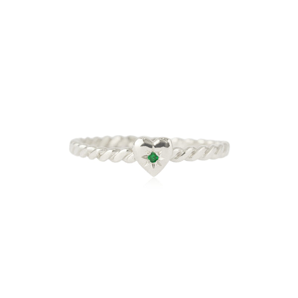 Tiny Heart Ring Silver with Emerald