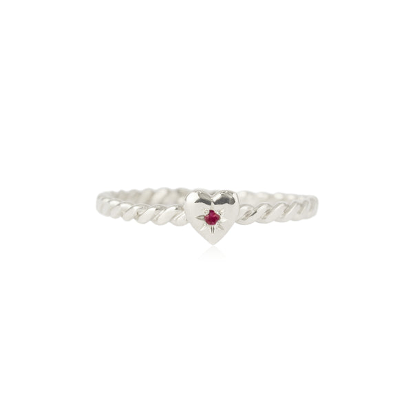 Tiny Heart Ring Silver with Ruby